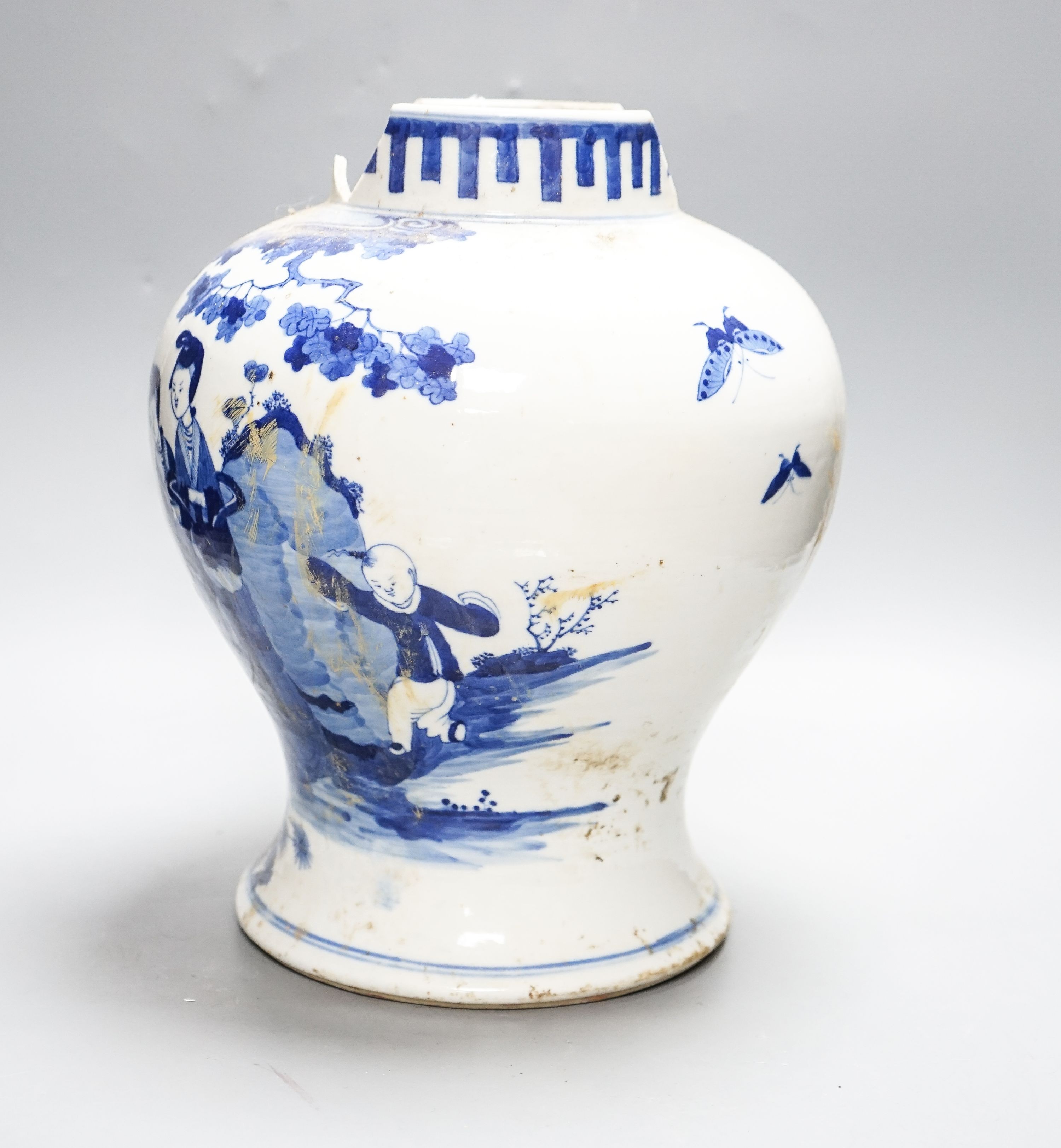 A large 19th century Chinese blue and white vase, damaged 31cm